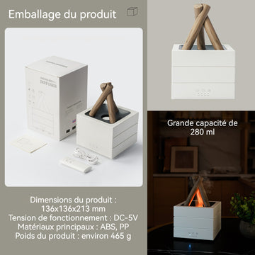 Humidificateur 280ml appareil d'aromathérapie simulant un feu de camp éclairage d'ambiance multicolore atomisation ultrasonique